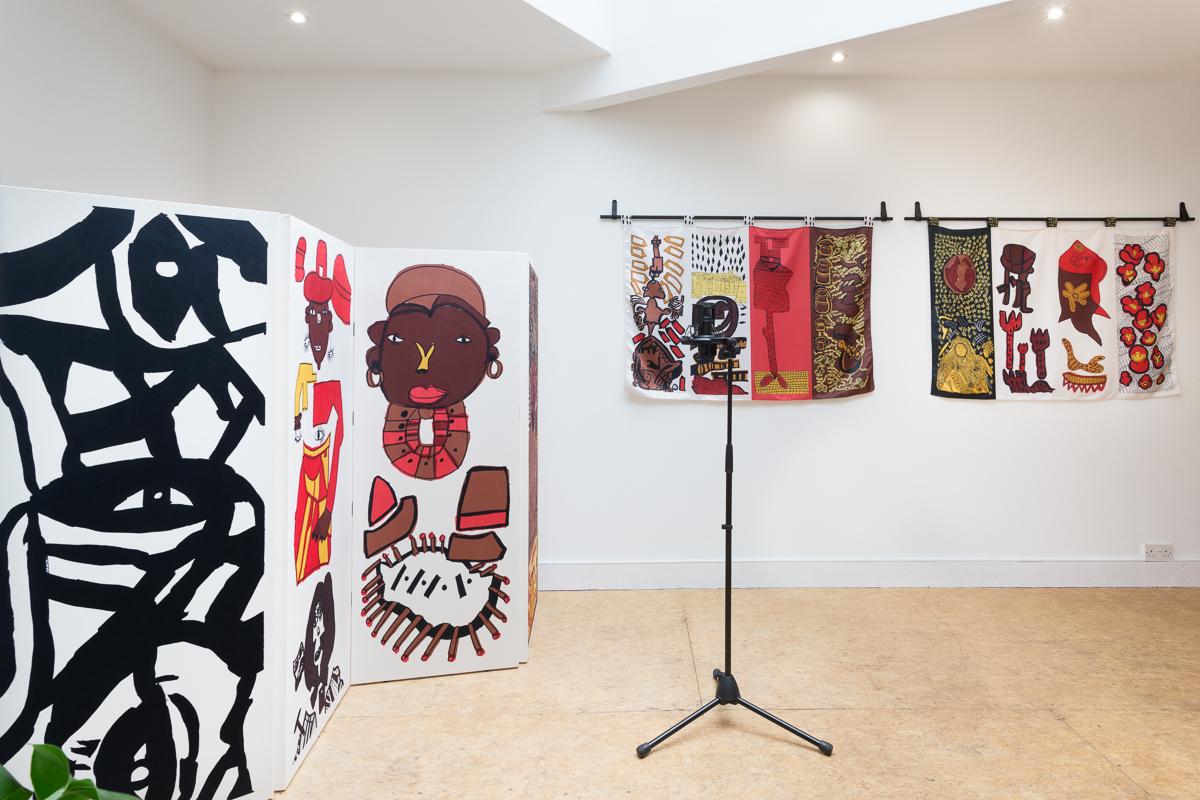 Art Deco Zebra Crossing 2021. Performance setting consisting of printed velvet dressing screen, silk wall hangings and silk dress (Ntiense Eno-Amooquaye 5)