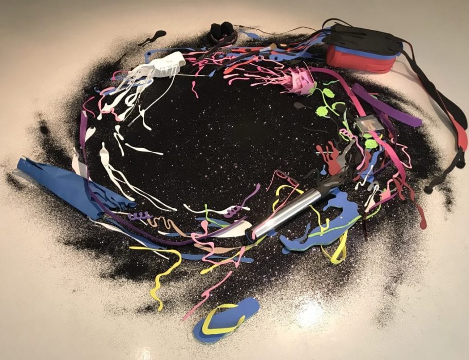 David Burrows, Installation view of ‘Diagram of the Event Horizon of a Black Hole (following Susskind’s Holographic Theory): Blind Date Implosion’ exhibited in 'Future Landscapes' at Helsinki Contemporary, paper, card, foam, pigment, glitter, audio, 2018 (Diagram Research Group 1)