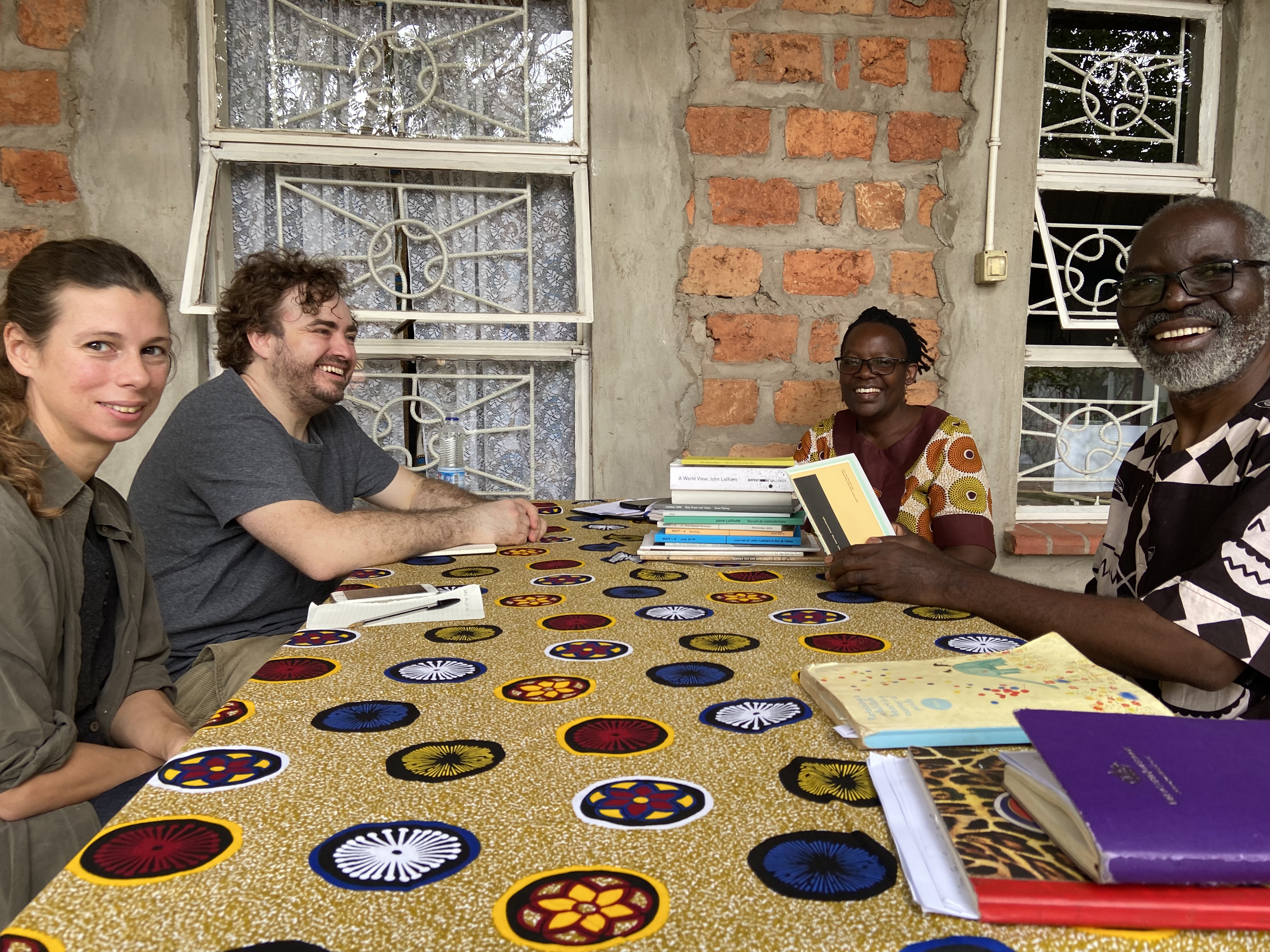 Gareth and Mary of Flat Time House with Agness and Laurence Yombwe at Wayi Wayi Art Studio and Gallery in Livingstone, Zambia  (INCIDENTAL MPALA  0)