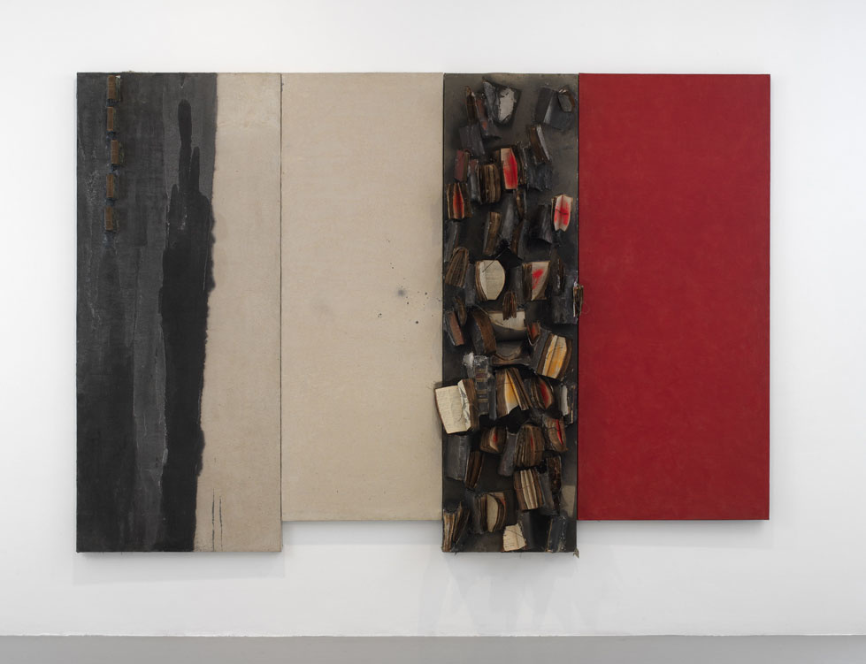 John Latham, Four Phases of the Sun, 1963. Books, wires, plaster, paint on canvas on hardboard (John Latham included in 'VIVA ARTE VIVA' at The Venice Biennale 0)