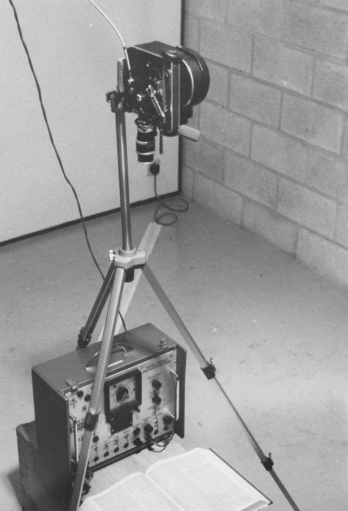 Bolex camera and tripod set up for the making of Encyclopedia Britannica, Lisson Gallery, 1970 (NOIT – 1 3)