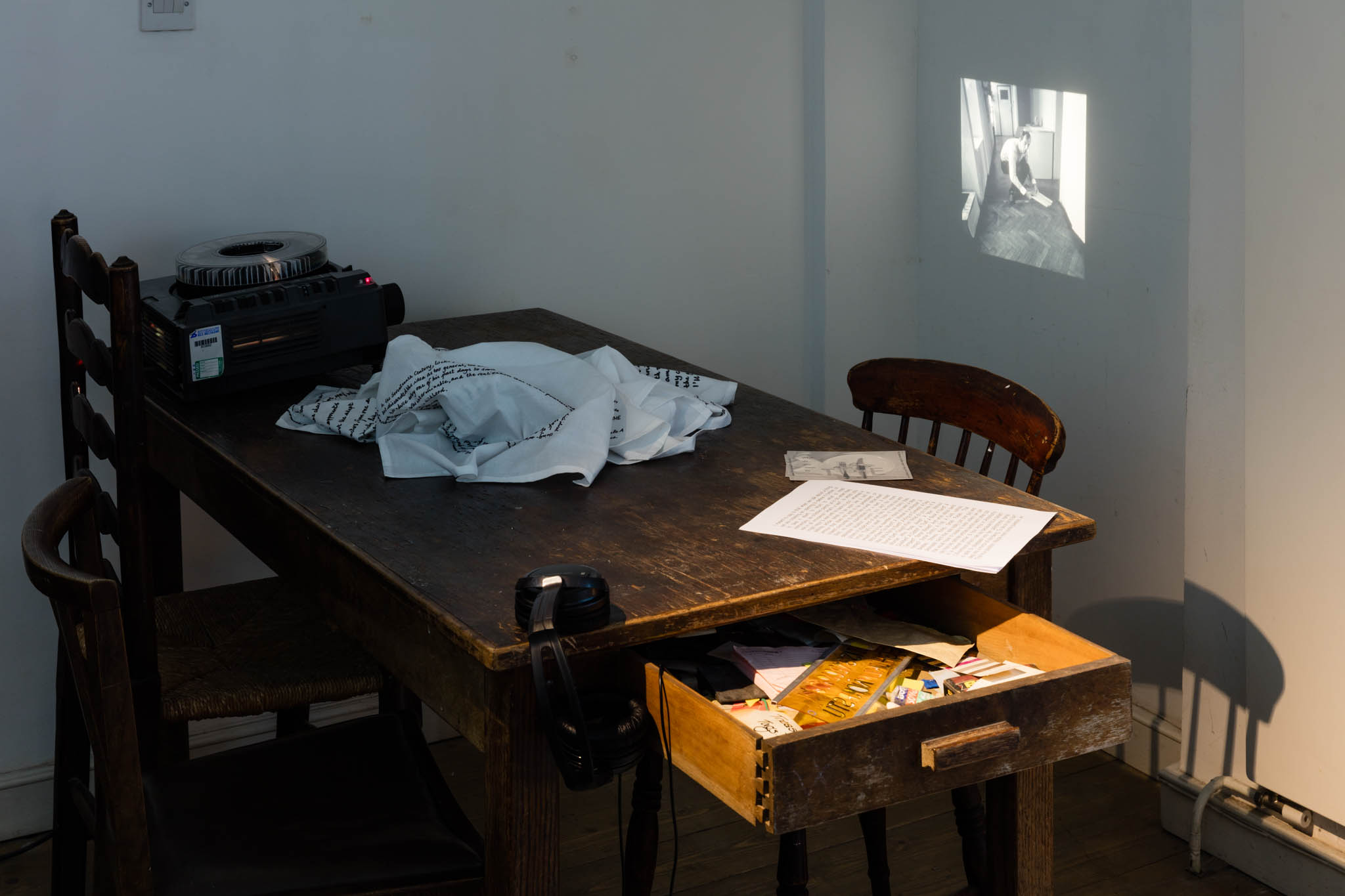 Slide show documenting Edward Krasinski's work and studio, Graeme Thomson & Silvia Maglioni, 'What do you mean by THE? leftovers', 2015; Katrina Palmer, 'Dr. Sinclair's Drawer', 2014 (The Shift 18)