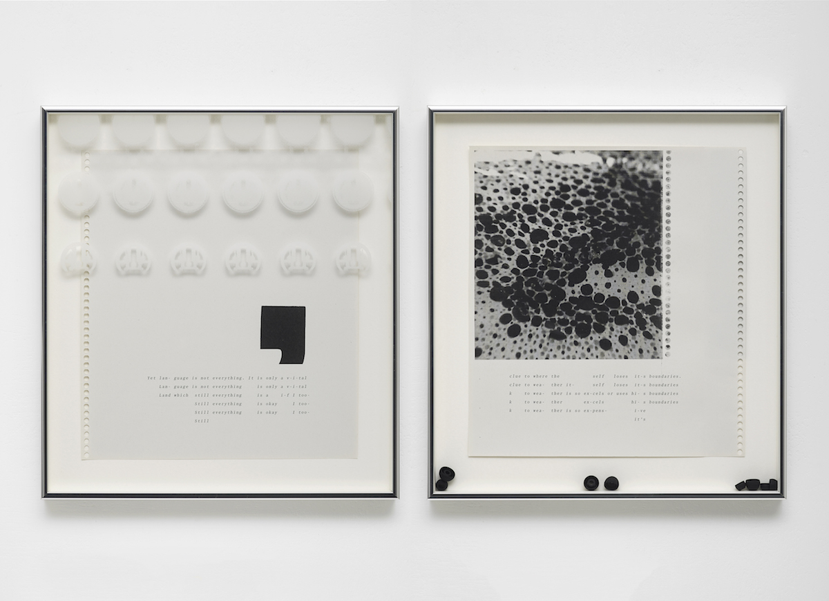 L: Anna Barham, Yet language is not everything, 2020, ink on paper, etched perspex, aluminium frame R: Anna Barham, clue to where the self loses its boundaries, 2020, ink on paper, silicon earbuds, aluminium frame (Anna Barham 4)