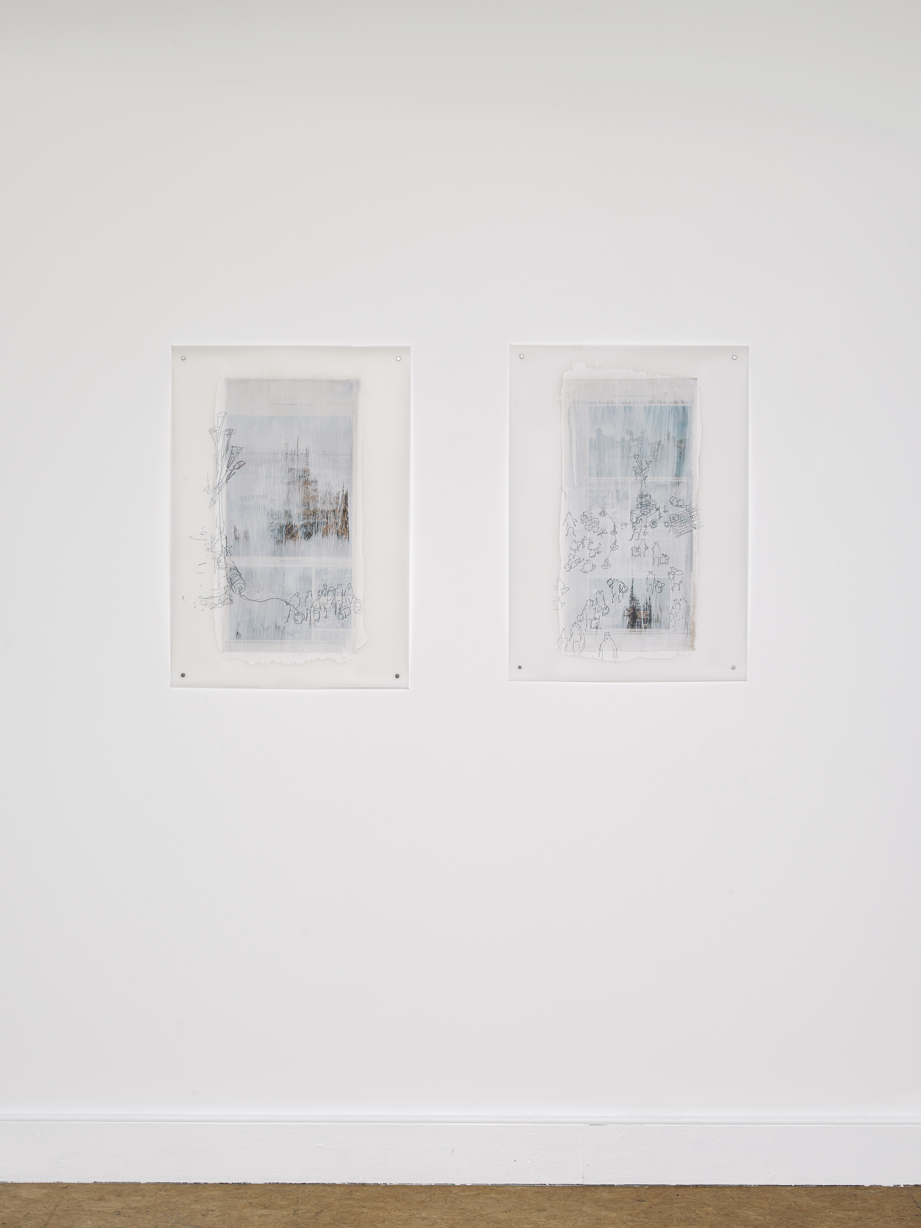 l–r Monumental returns, Sgraffito on Gesso on Newsprint on Mylar, 28.5 x 20’’ 2023, Convening at the water line, Sgraffito on Gesso on Newsprint on Mylar, 28 x 20’’ 2024 (CAN ALTAY: 22)