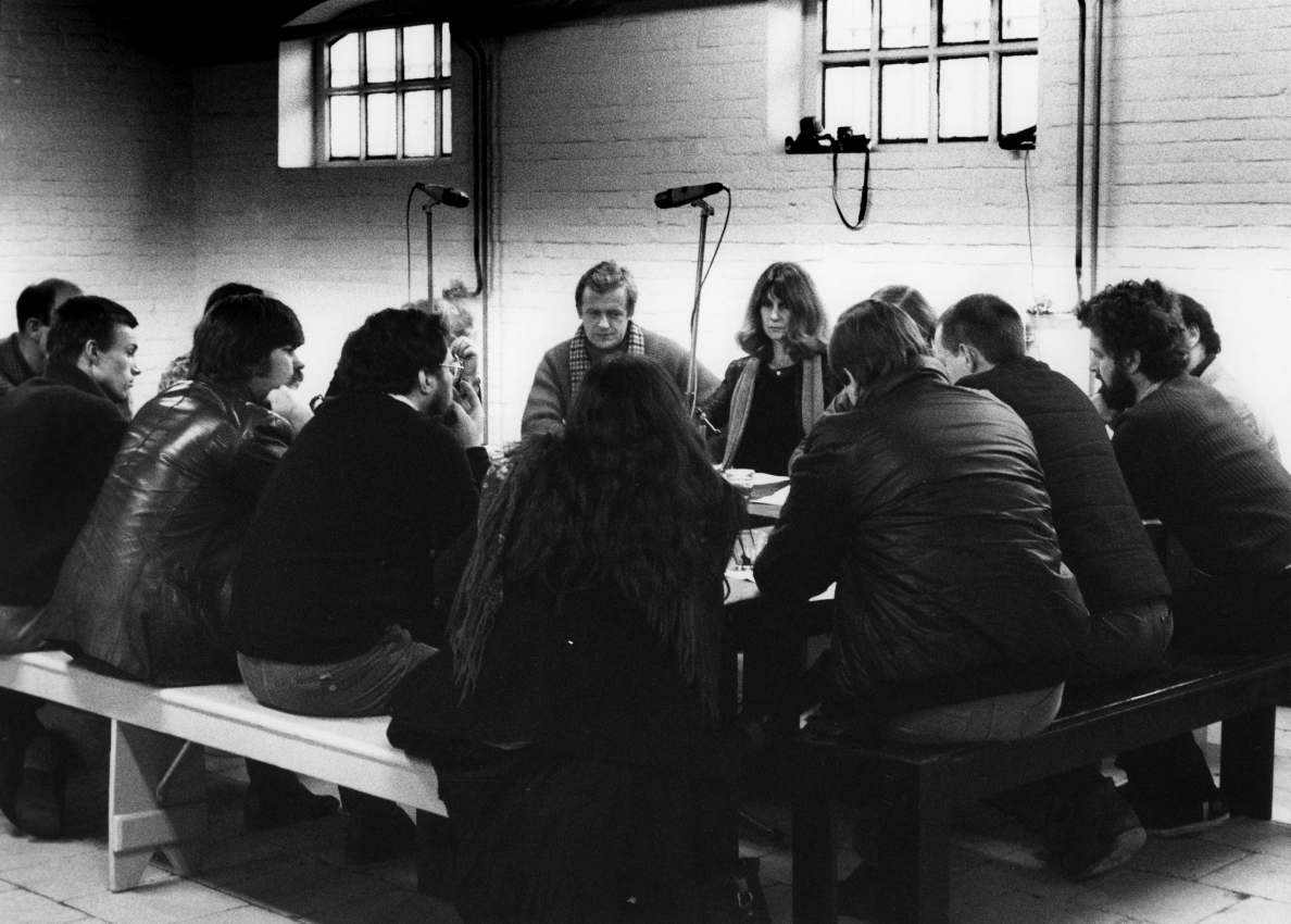 APG discussion (including Hugh Davies [right, with beard], Barbara Steveni [centre] and Nicholas Tresilian [left, with scarf]), Het Apollohuis, Eindhoven, 1982. (Incidental Futures at Summerhall, Edinburgh  0)
